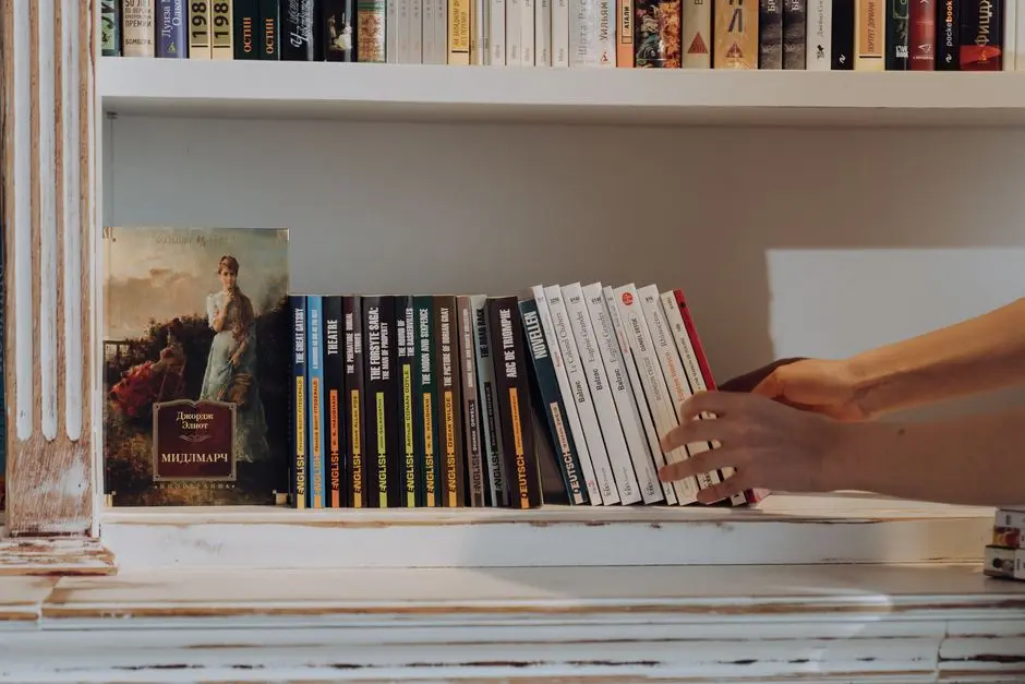 Tumpukan buku bekas yang ditata rapi di rak kayu